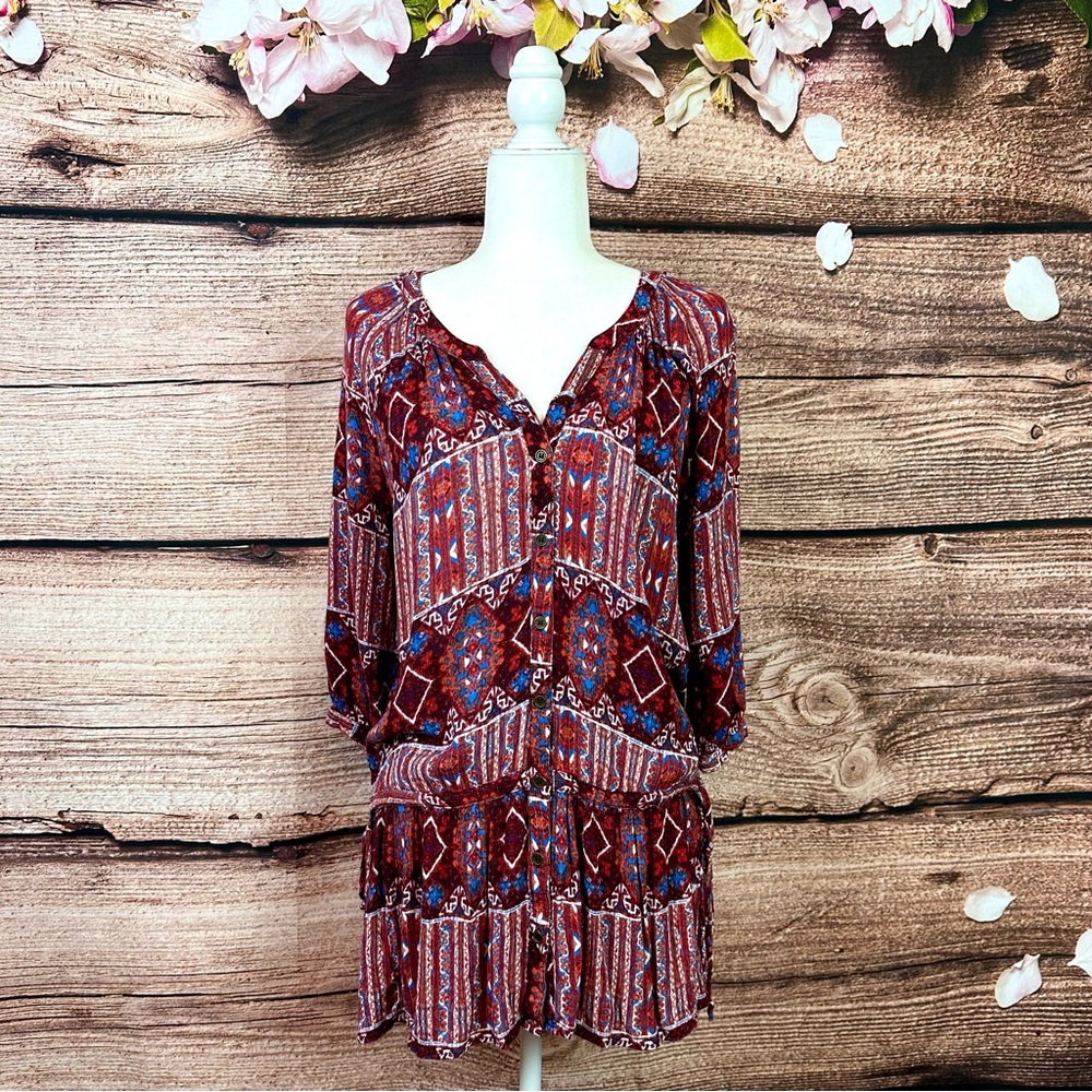 Forever 21 Women’s Rayon Red Boho Abstract Novelty Print Festival Tunic